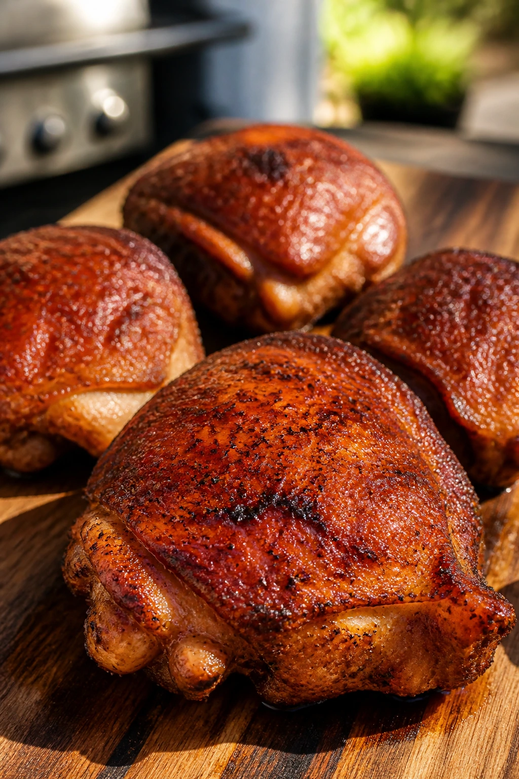 Crispy-skinned smoked chicken thighs on wooden board