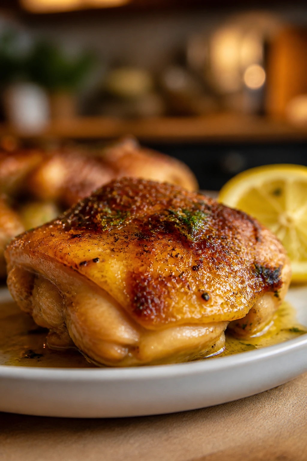 Bronzed crispy-skinned chicken thigh with lemon-butter glaze on a plate