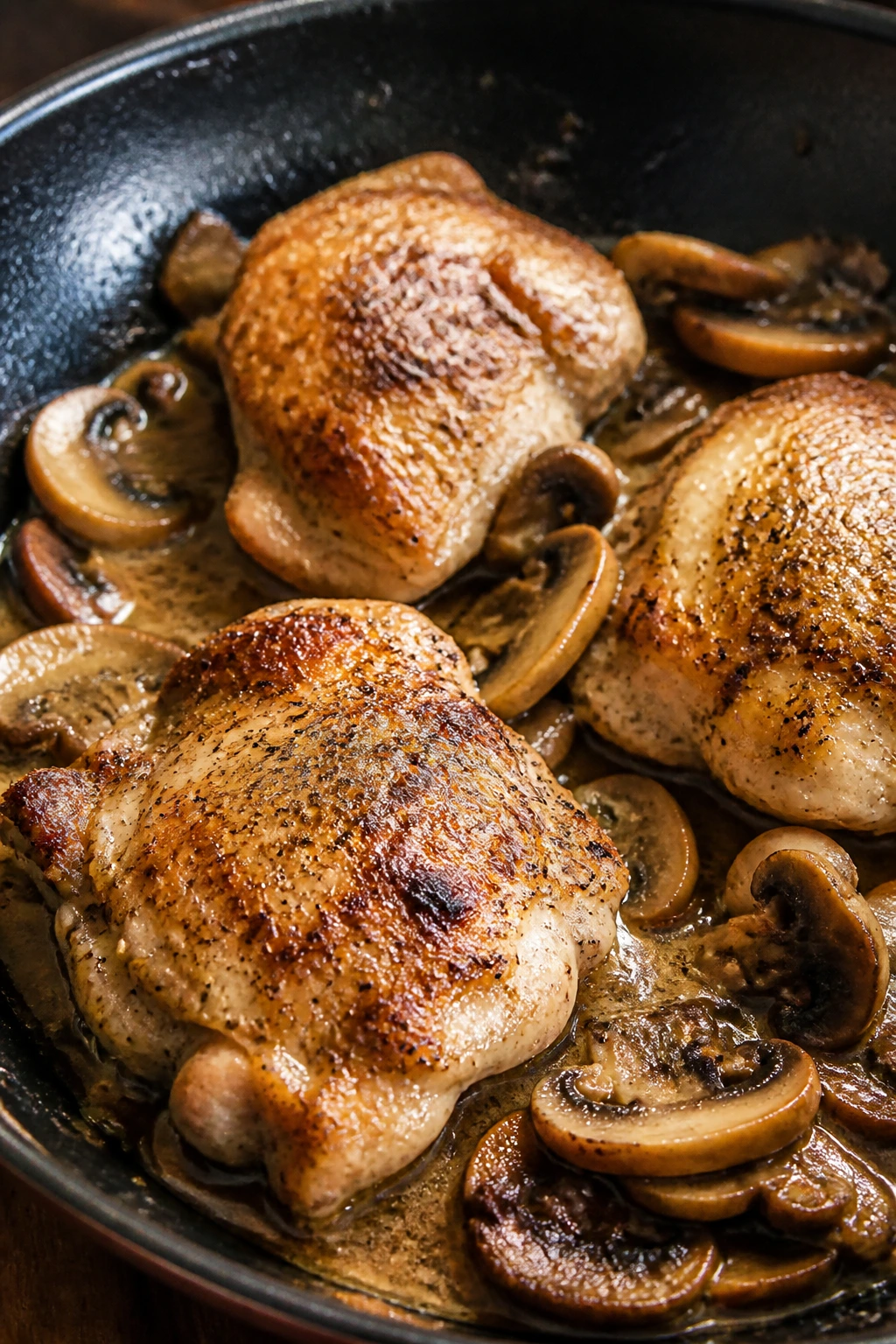 Chicken thighs browning with mushrooms and flour dredge in skillet