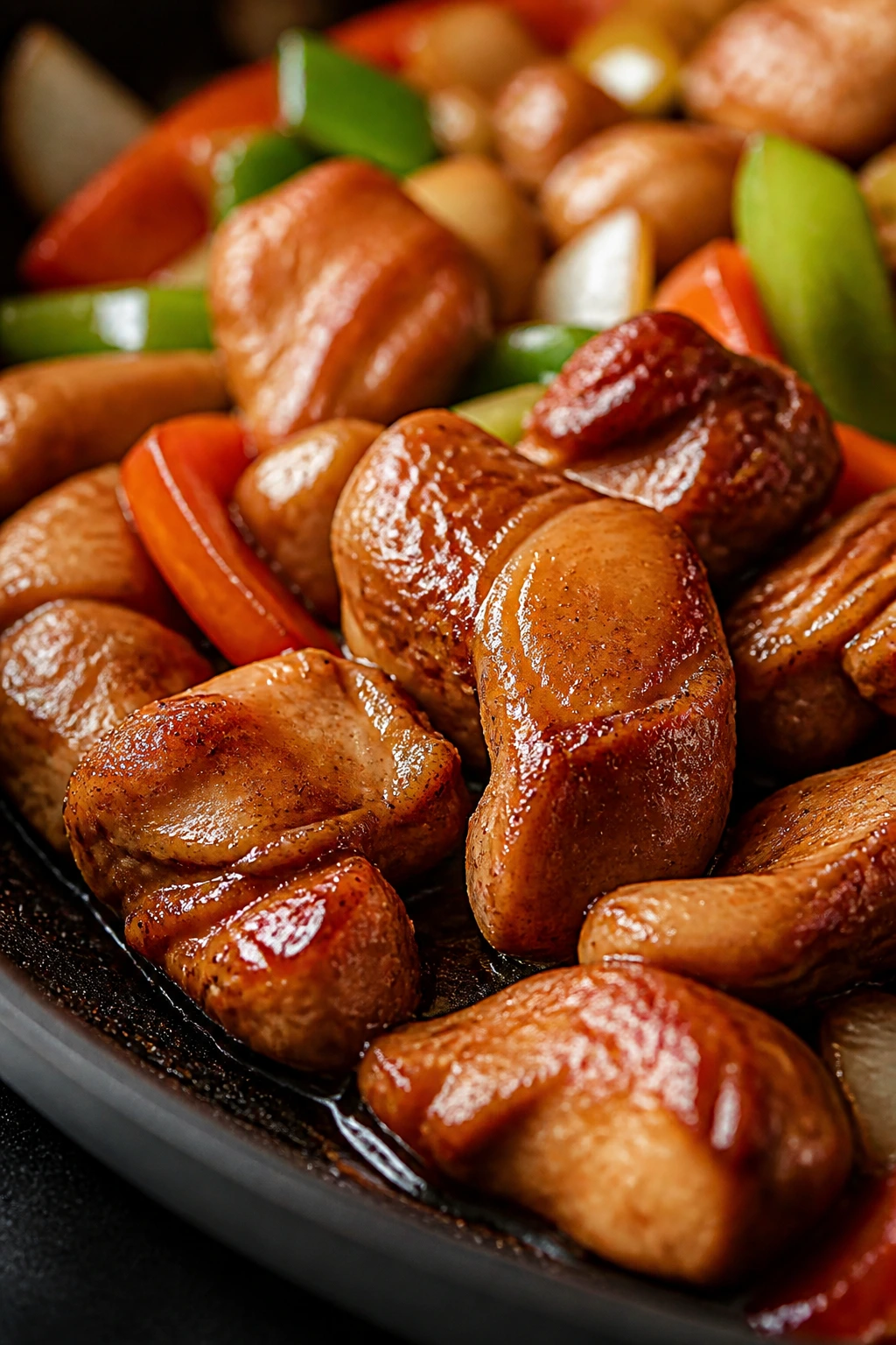 Close-up of juicy chicken thighs with glossy stir-fry glaze