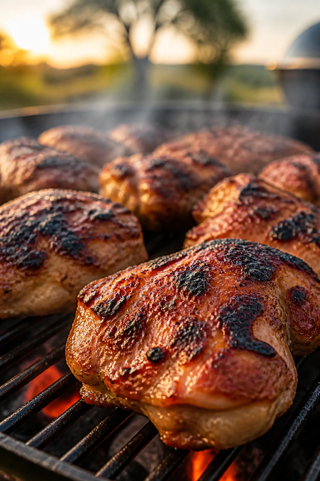 Charred chicken thighs on a grill in a backyard setting