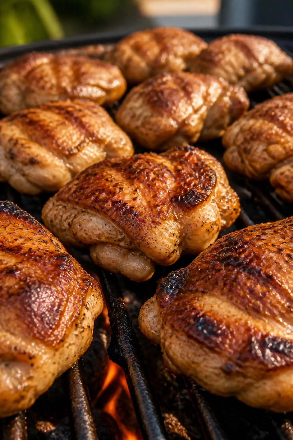 Juicy chicken thighs on a grill at a backyard cookout with a charred crust
