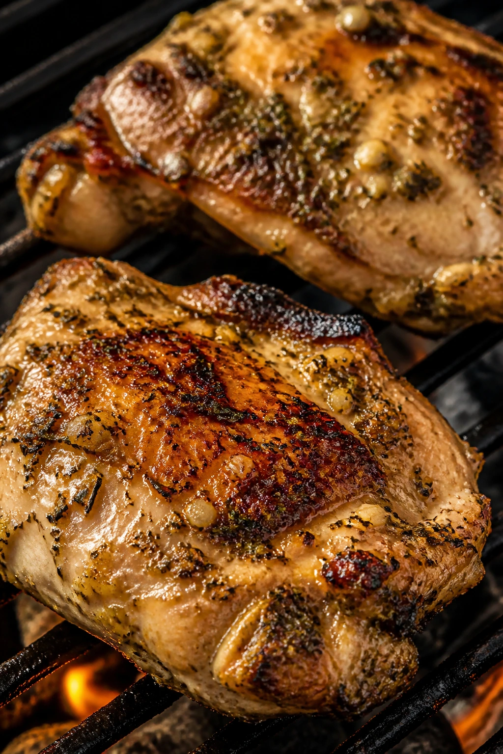 Close-up of lemon-herb chicken thighs on the grill with crisp edges