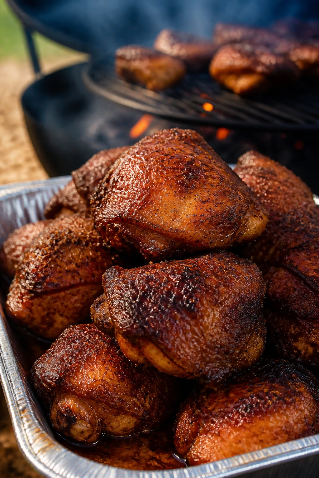 Pile of smoked chicken thighs on a foil tray outdoors
