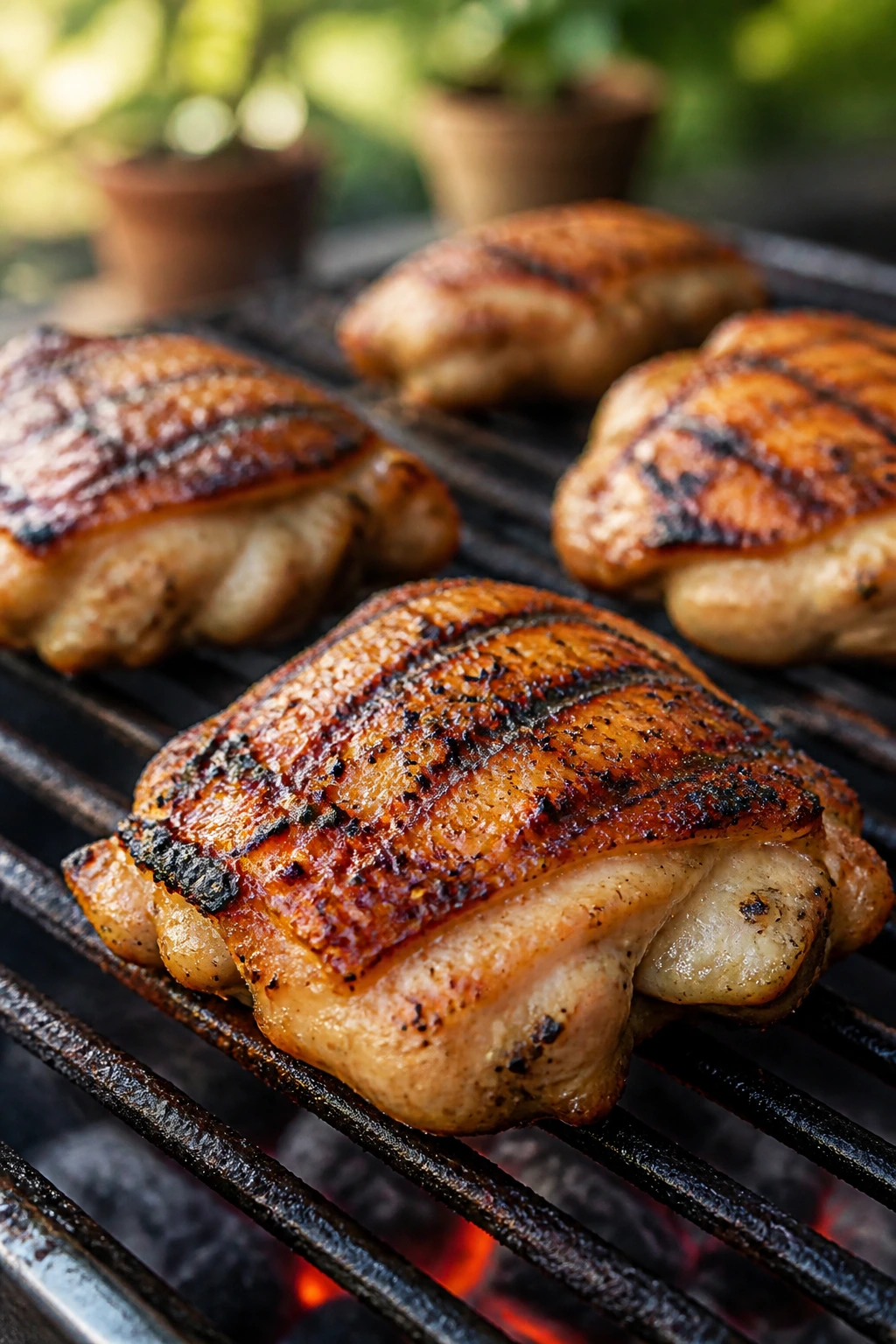 Juicy chicken thigh with crispy skin on a backyard grill