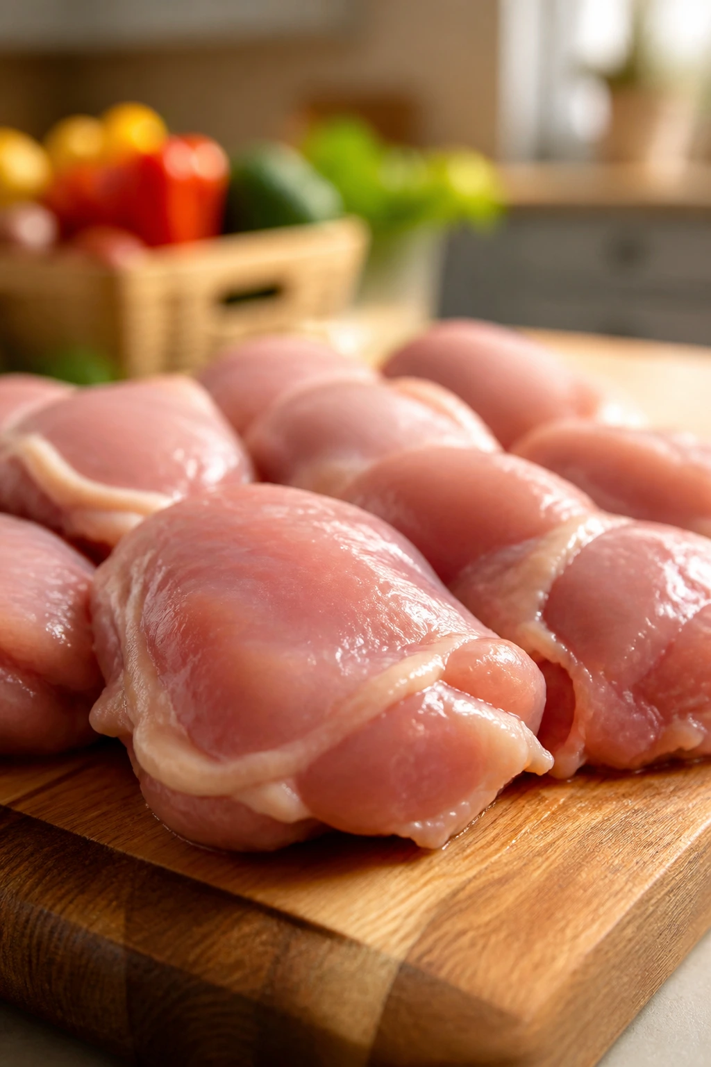 Raw chicken thighs on a cutting board