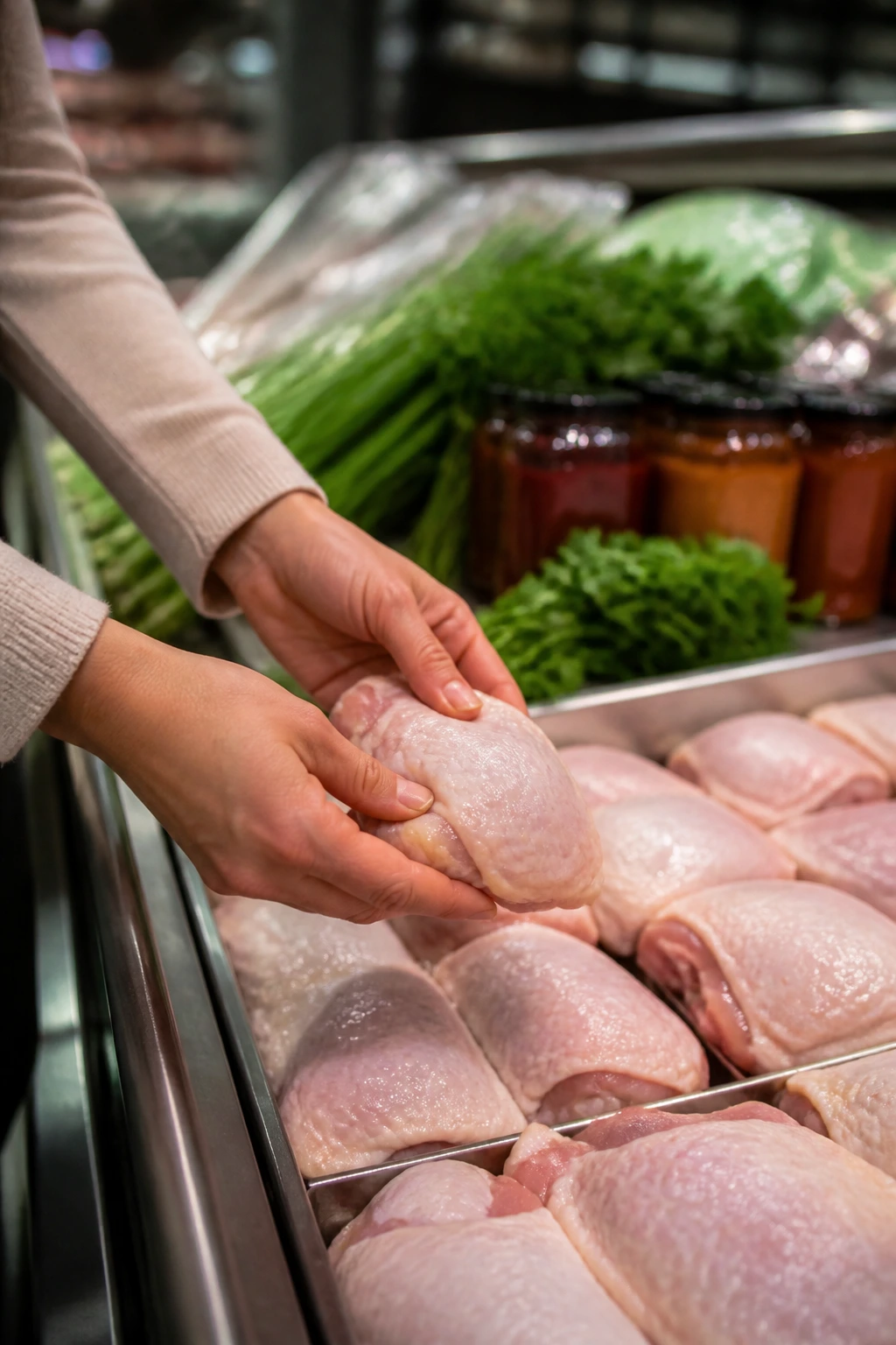 Hands selecting chicken thighs at grocery store meat counter with herbs nearby.