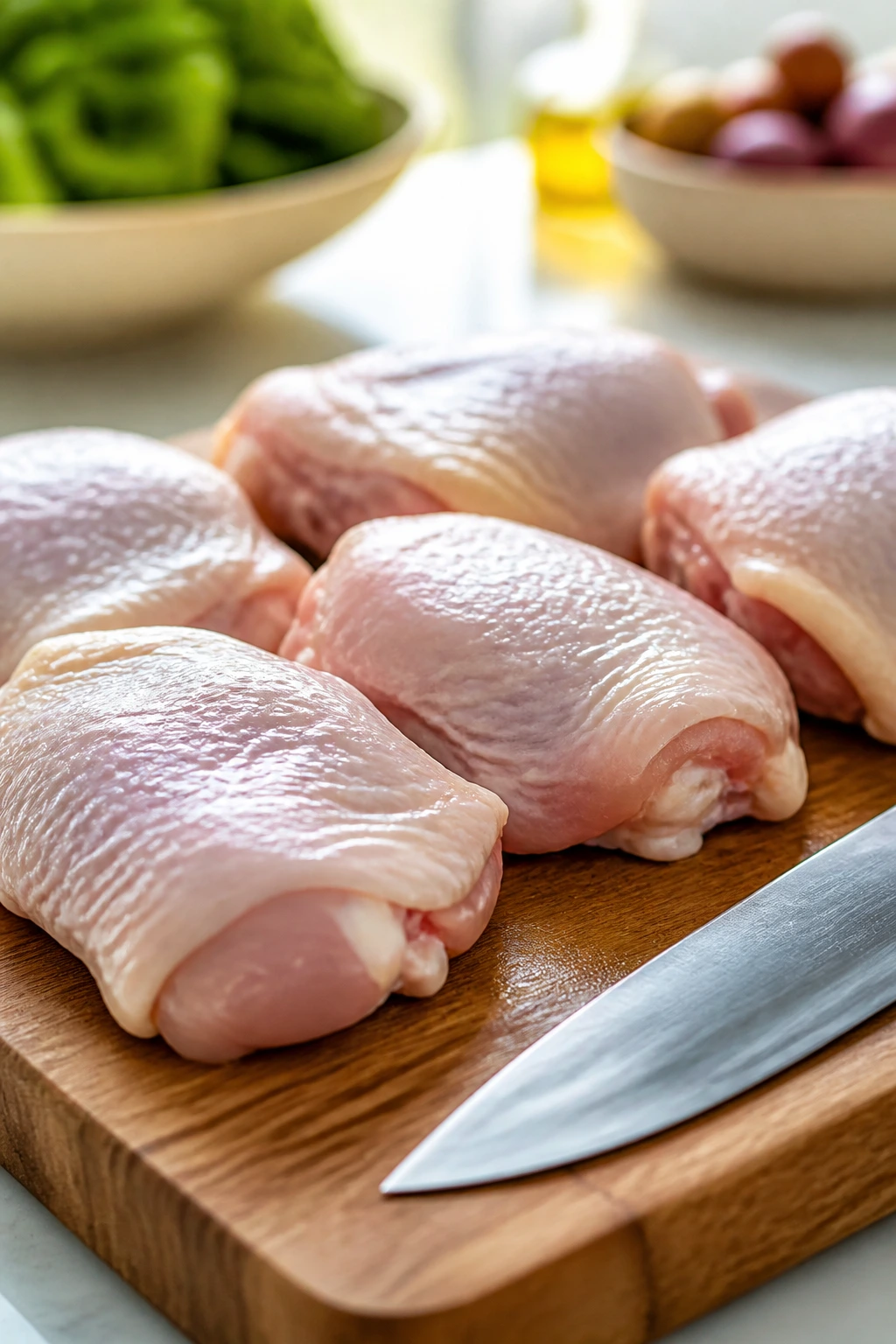 Fresh chicken thighs on cutting board for smart shopping tips