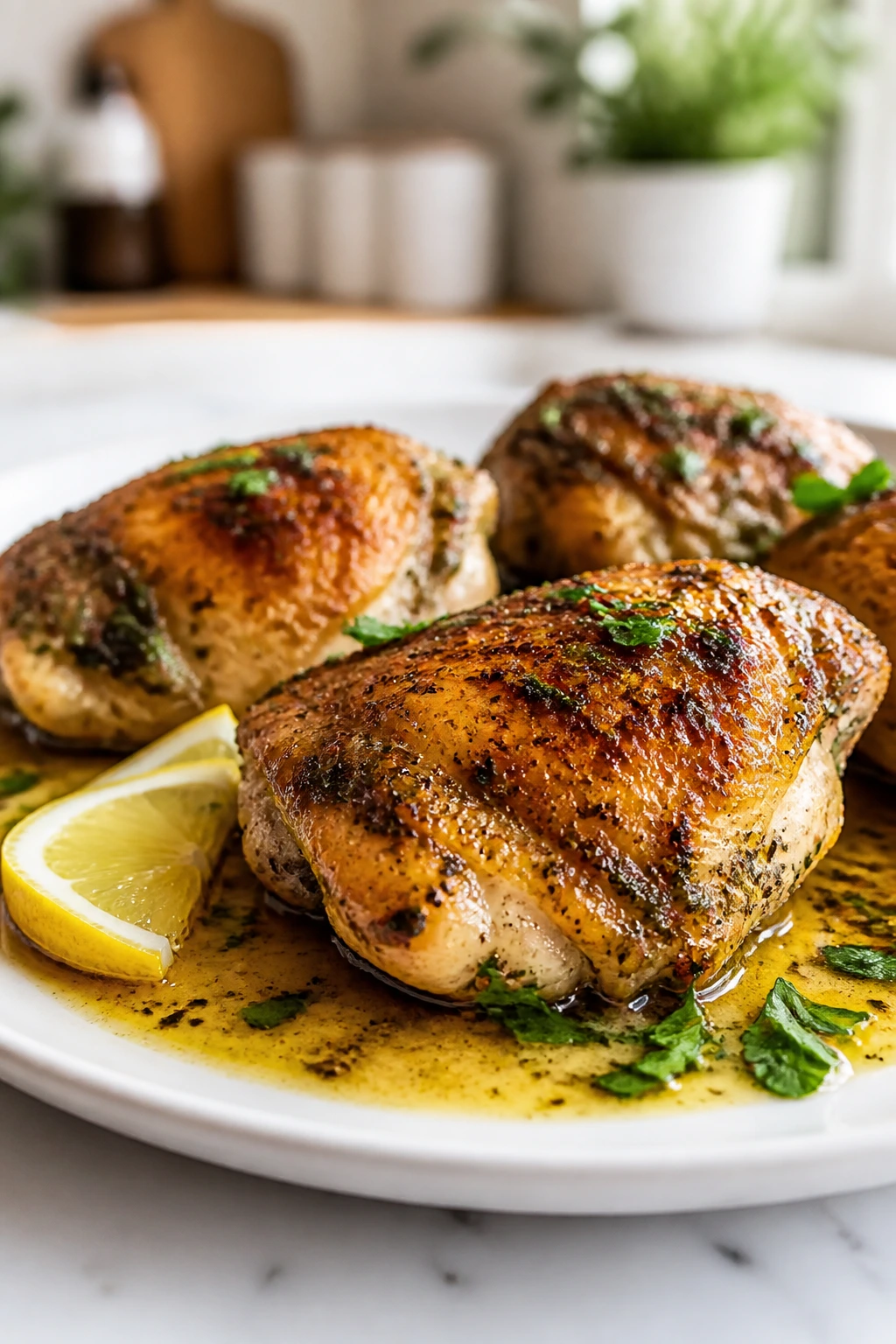 Plate of juicy chicken thighs with lemon-butter sauce