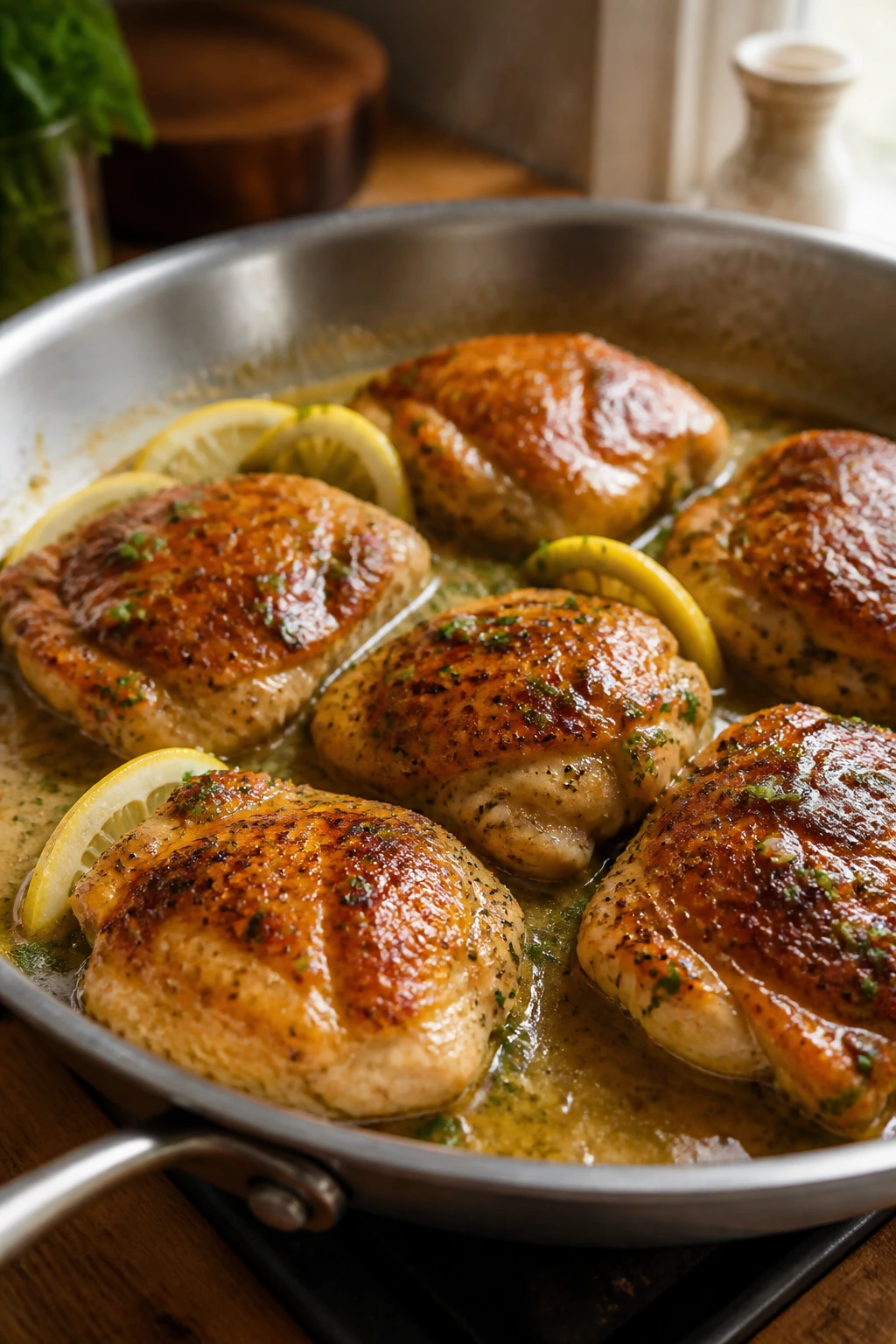Close-up of juicy chicken thighs with paprika crust in lemon-Dijon pan sauce in a skillet