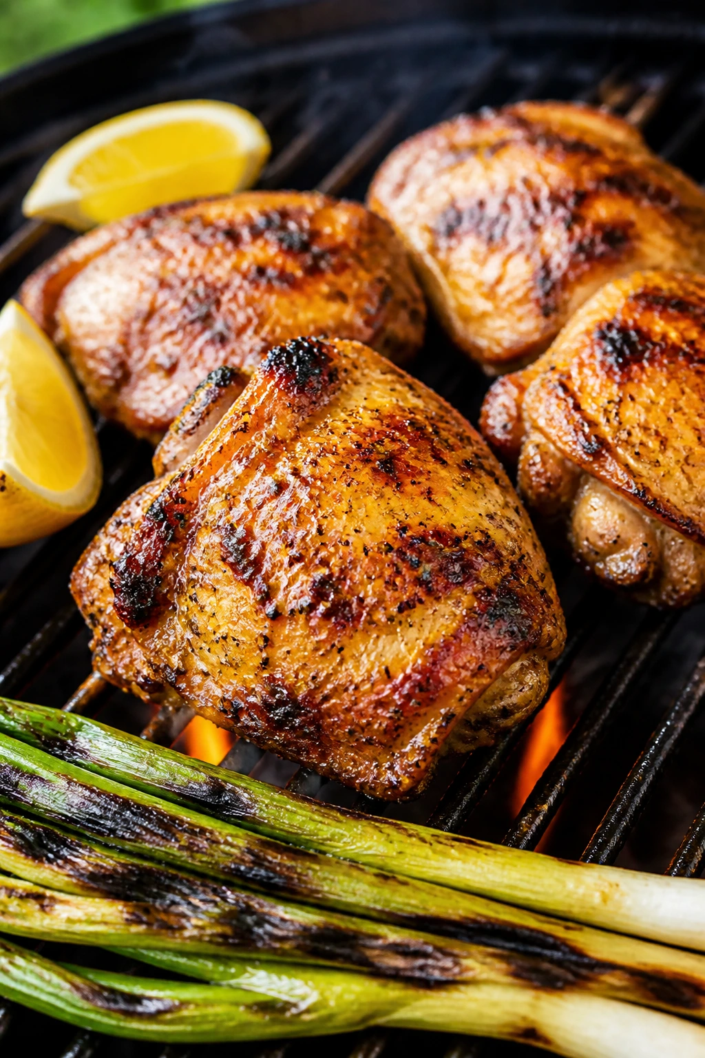 Close-up of lemon-garlic chicken thighs on a grill with charred scallions