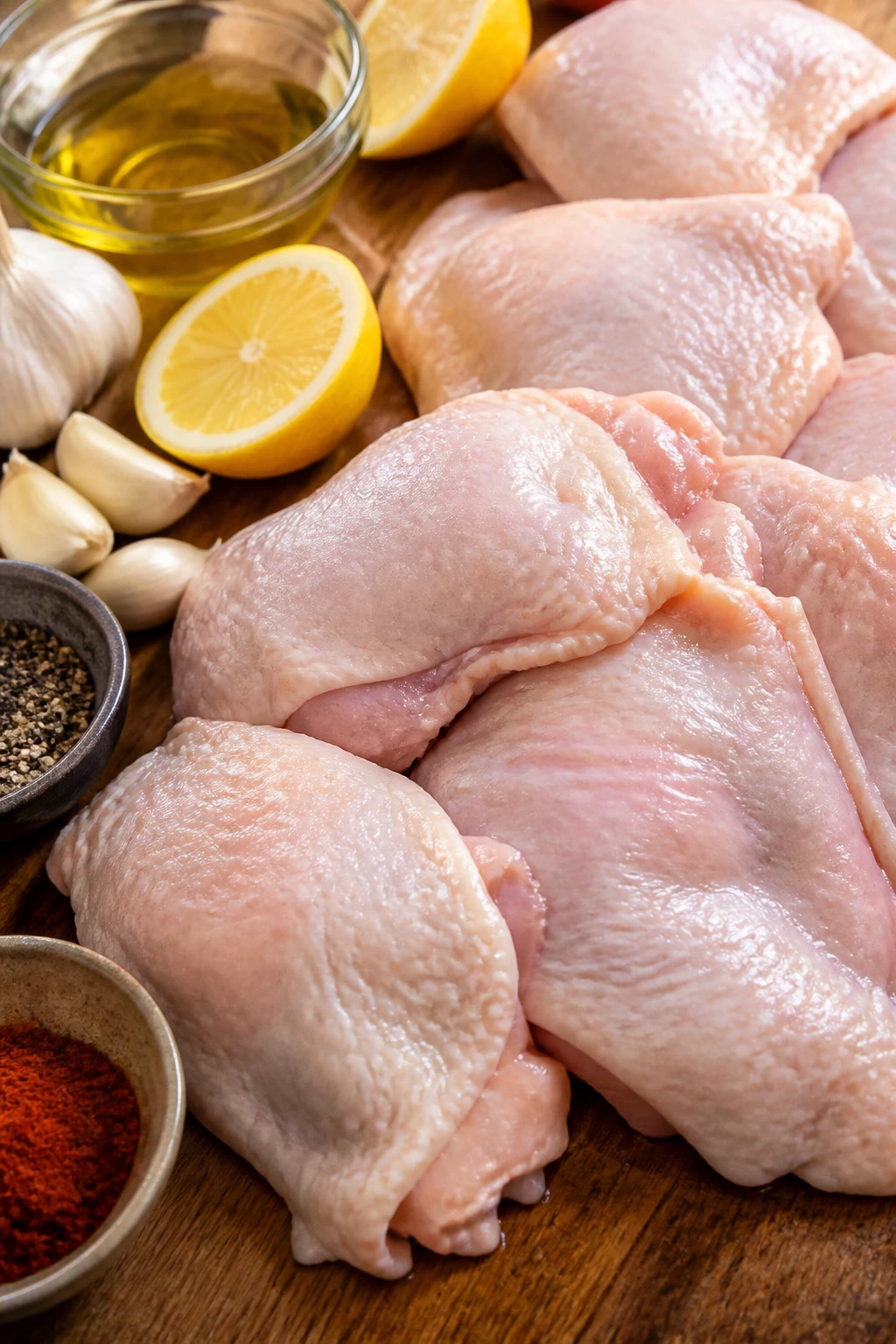 Raw chicken thighs with olive oil, lemon, garlic and spices on cutting board