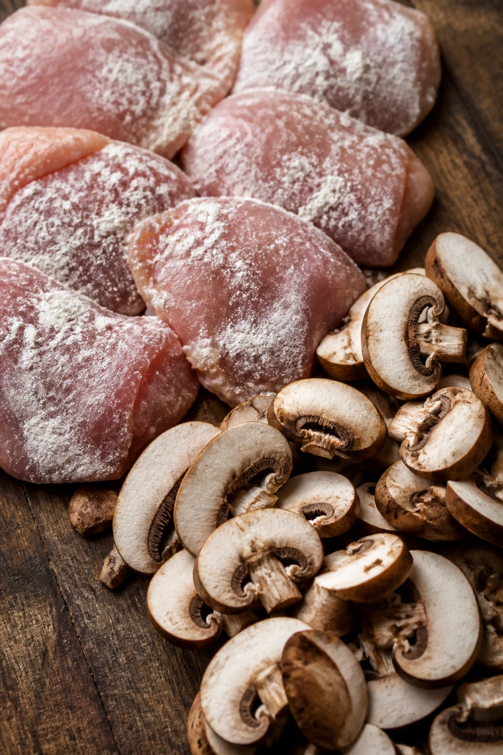 Chicken thighs with flour dust and sliced cremini mushrooms on wooden surface