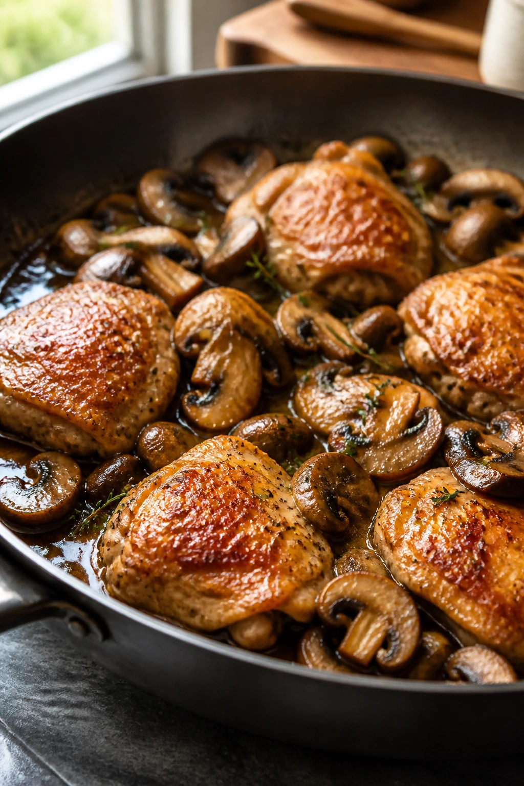 Close-up of browned chicken thighs and cremini mushrooms in a skillet with glossy sauce
