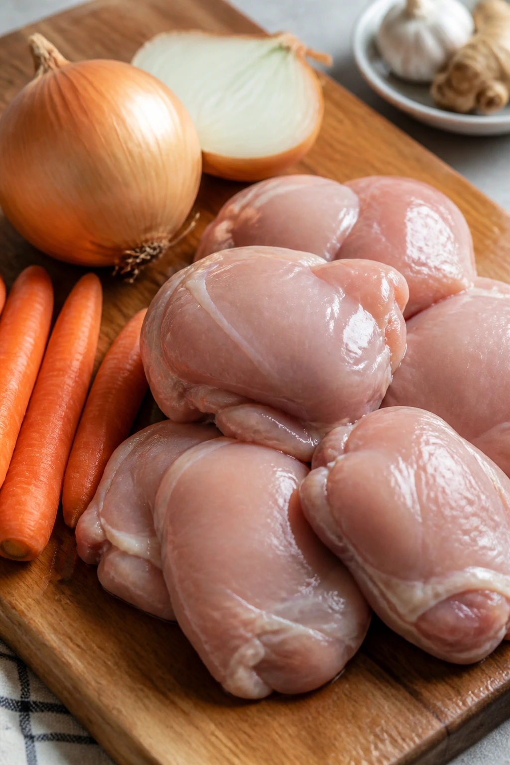 Raw chicken thighs, onion, and carrots on cutting board for slow cooker recipe