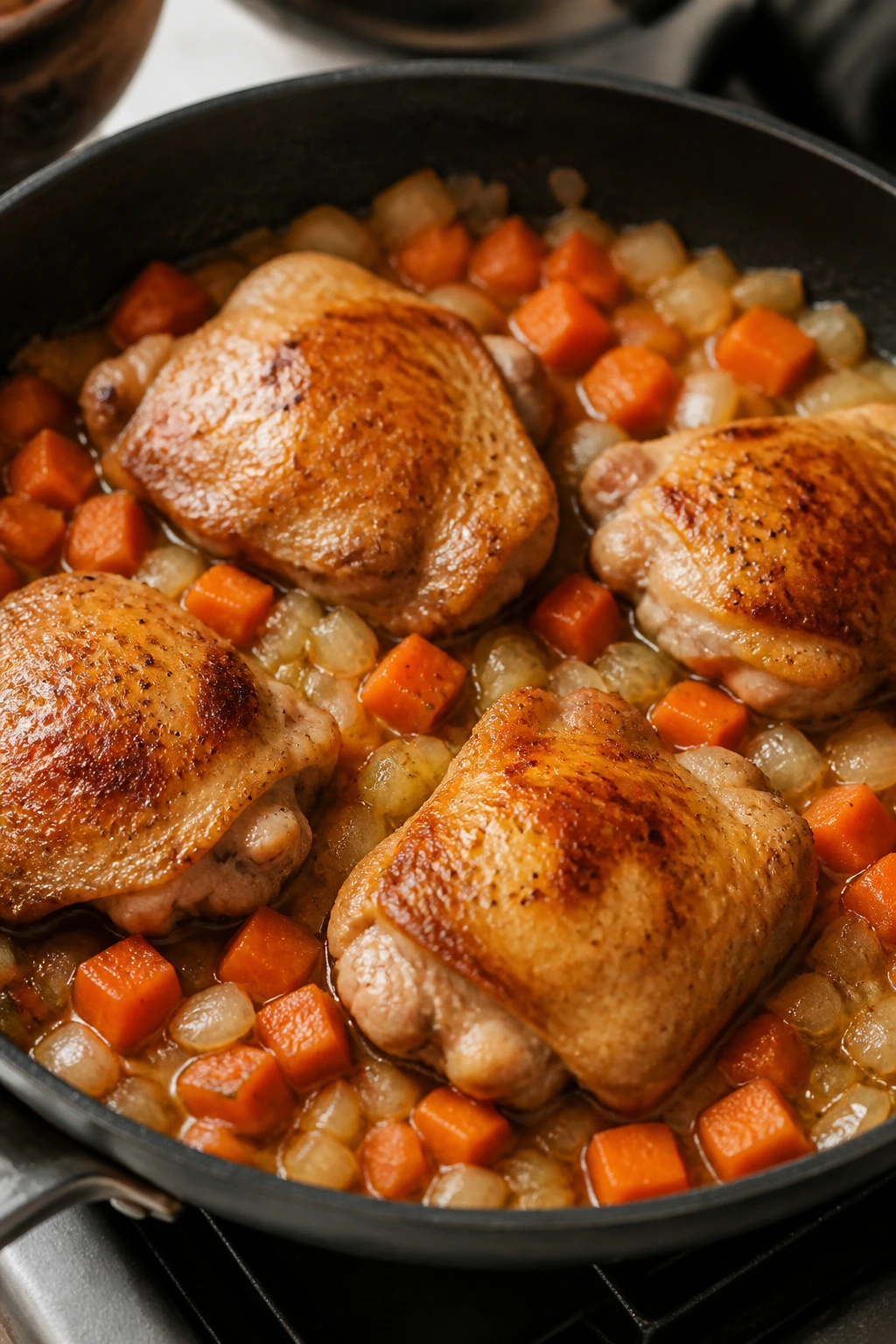 Skillet with browned chicken thighs and vegetables cooking in the pan