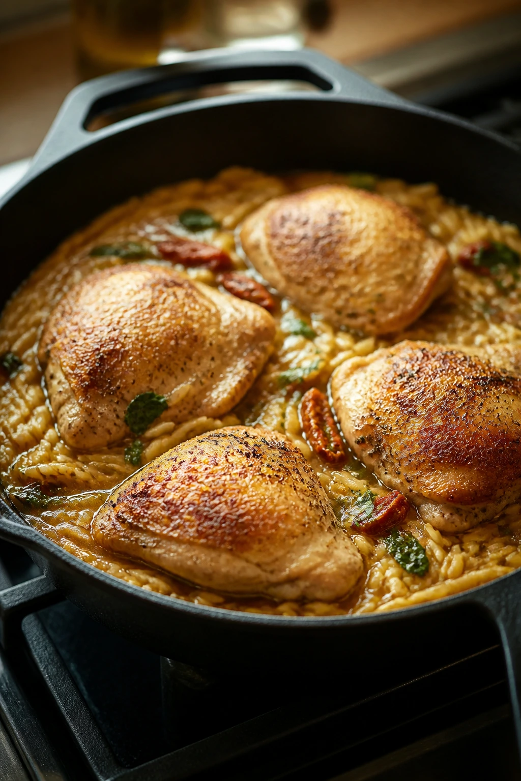 Skillet with browned chicken and orzo on stove in warm kitchen