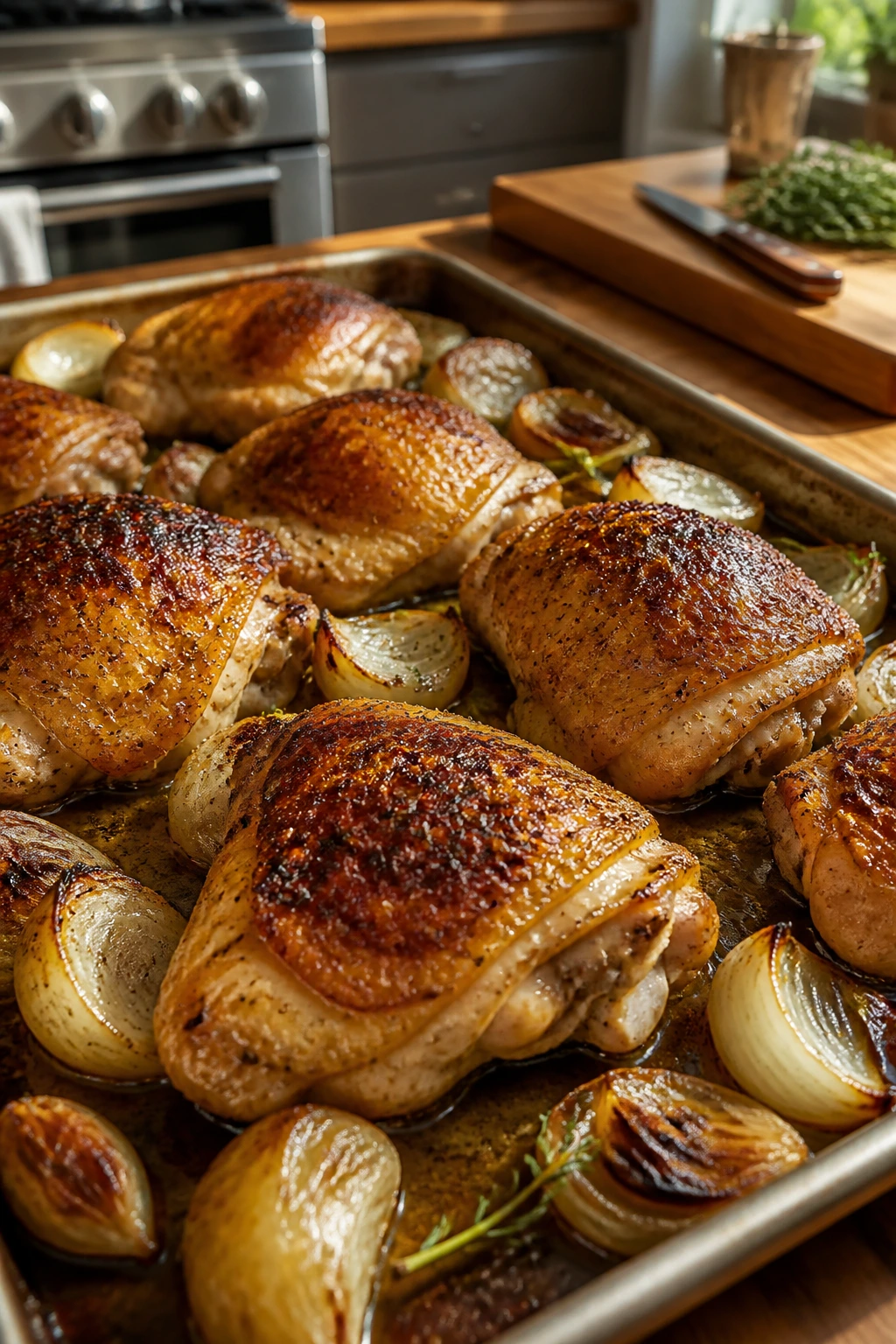 Close-up of crisping chicken thighs on a sheet pan in a sunlit kitchen