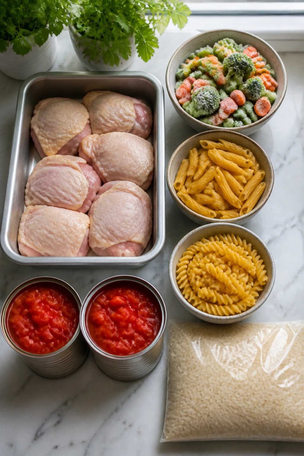 Assorted kid-friendly cooking ingredients: chicken thighs, frozen vegetables, pasta shapes