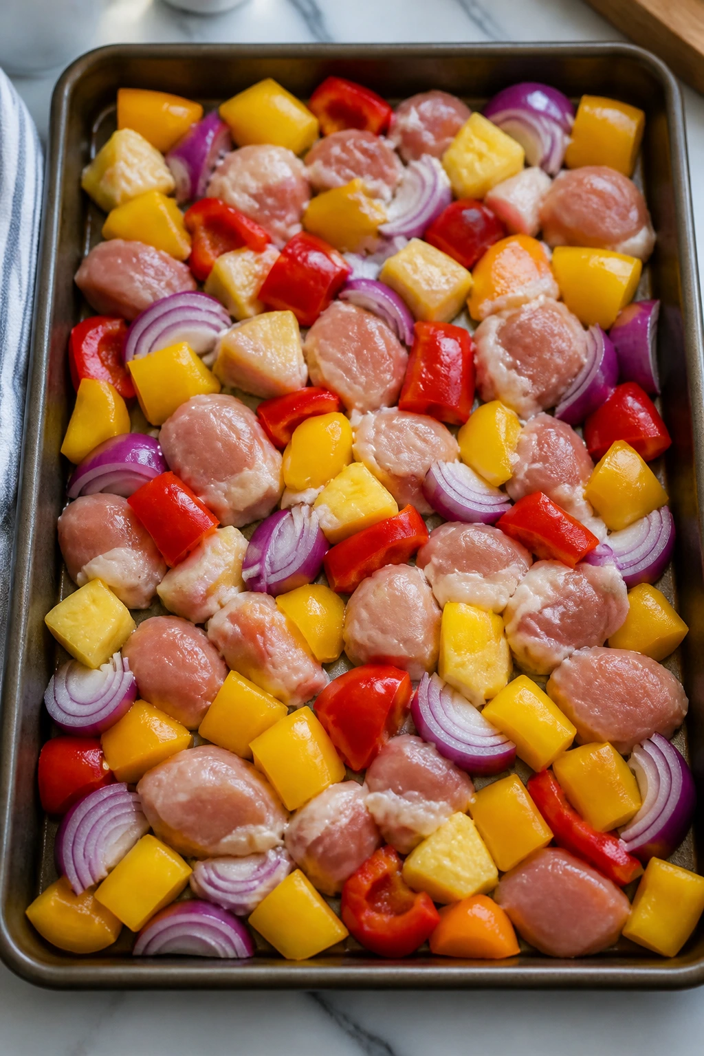 Raw chicken thighs with peppers, onion, and pineapple on a pan ready to roast