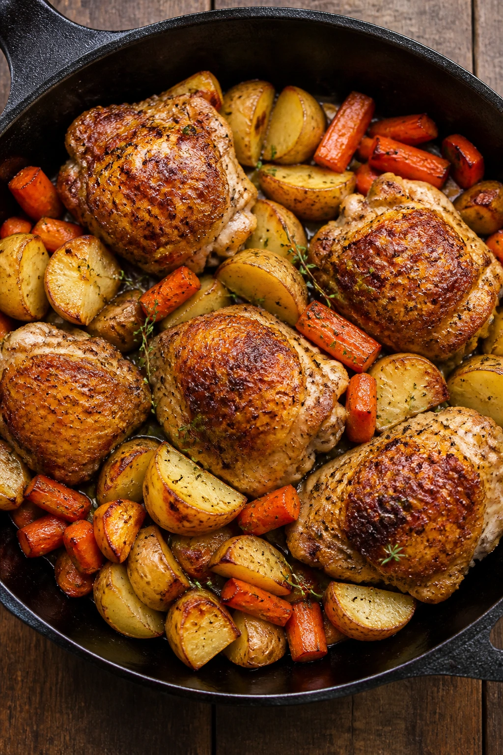 Cast-iron skillet with chicken thighs, potatoes, and carrots