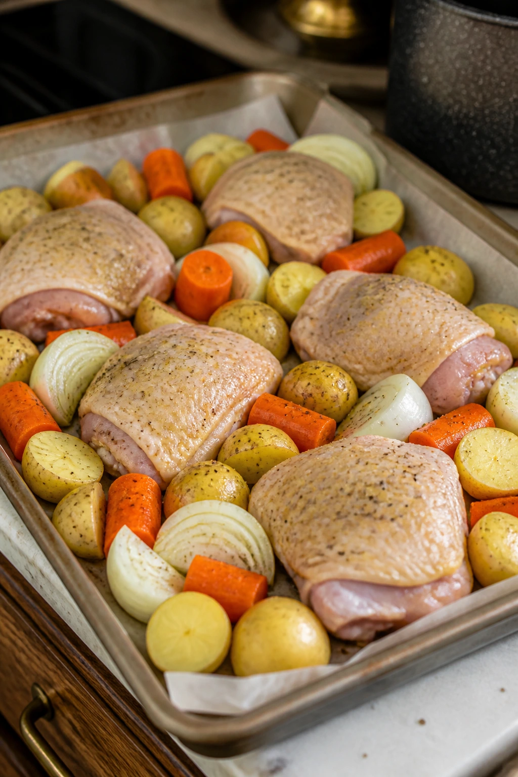 Chicken thighs with potatoes, carrots, and onion on a sheet pan