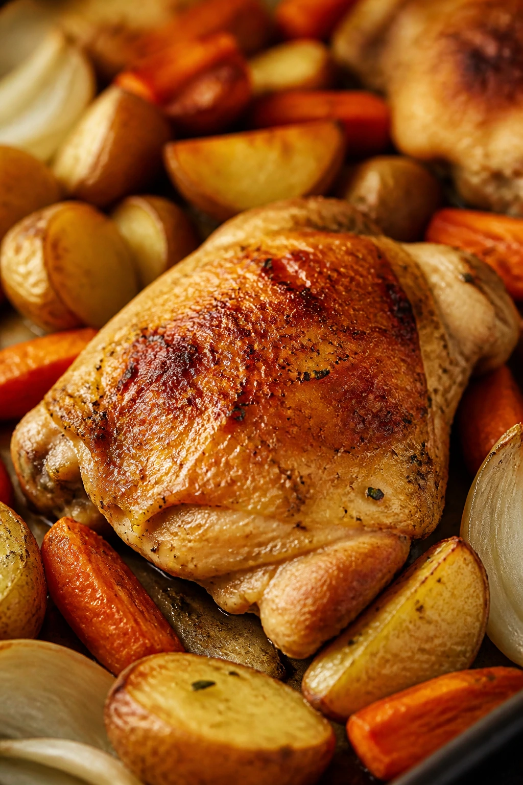 Close-up of chicken thigh with potatoes, carrots, and onion in a pan