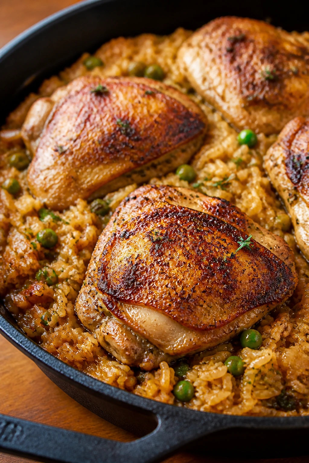 Close-up of chicken thigh atop seasoned rice bake in a skillet