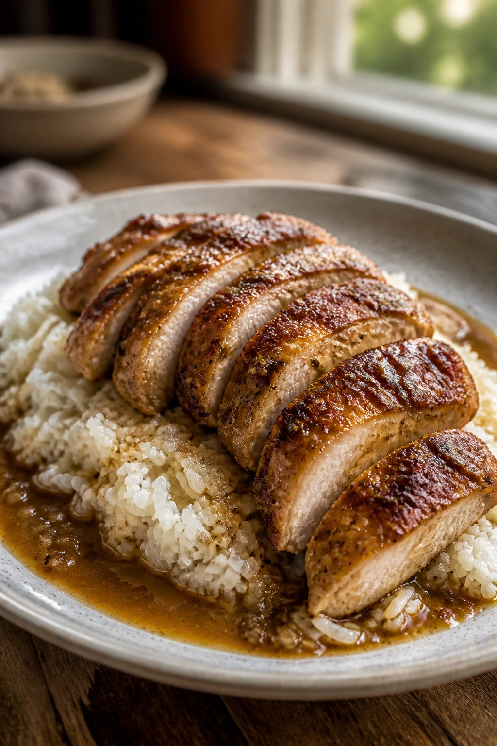 Close-up of sliced chicken thighs fanned over rice with pan sauce in warm kitchen light