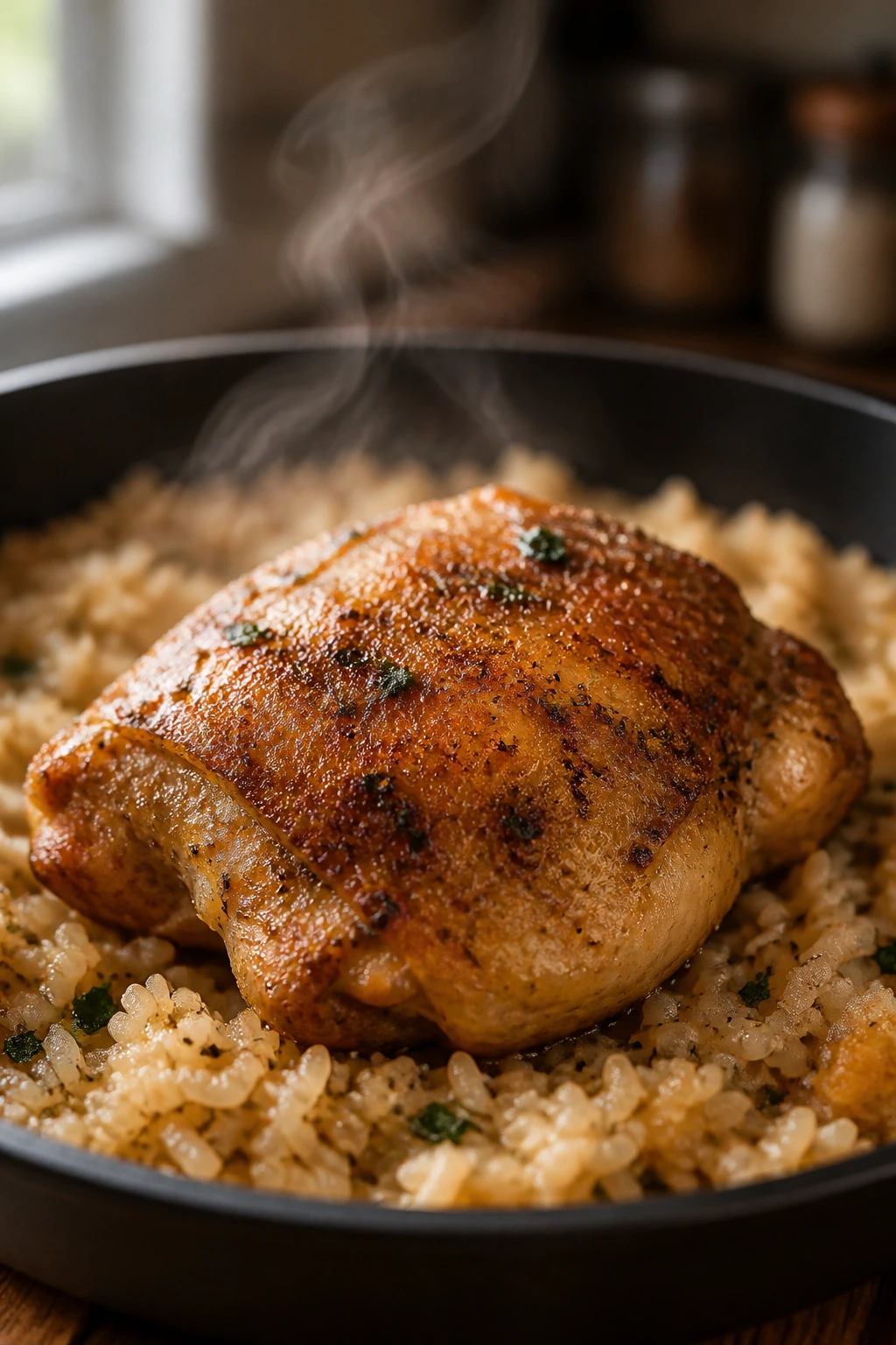 Juicy chicken thigh over rice in a cozy kitchen