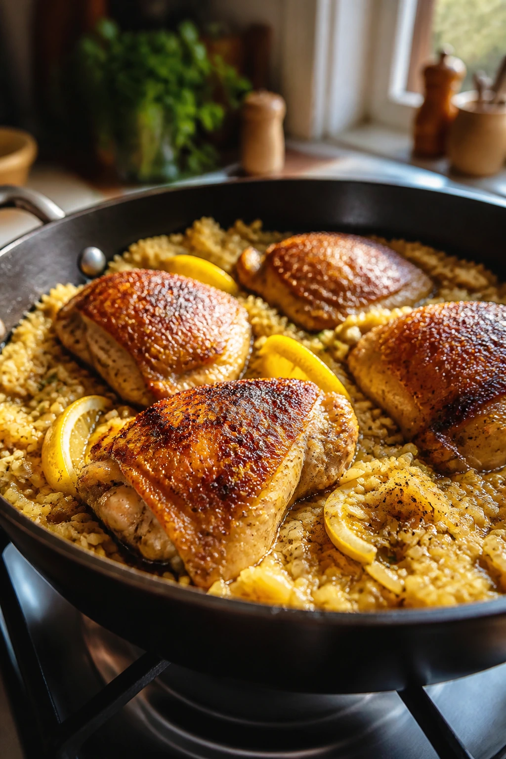 Close-up of chicken thighs over rice in a skillet, showing tender meat and absorbing broth.