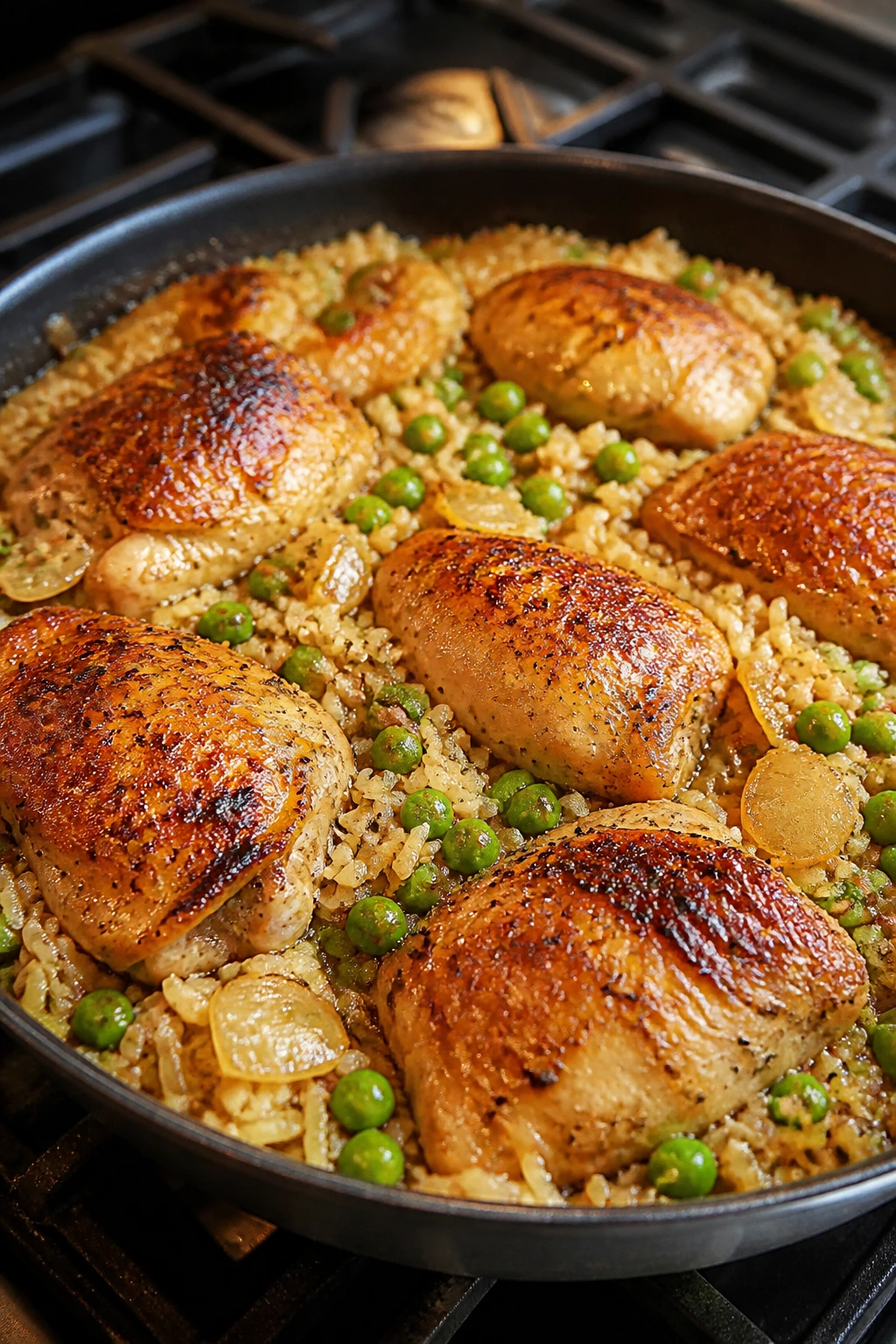 Close-up of a chicken and rice skillet with peas in a cozy kitchen