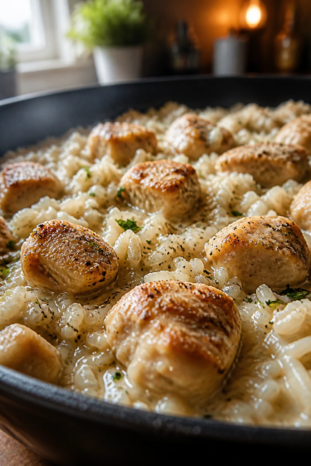 Close-up of chicken bites and rice grains in creamy sauce