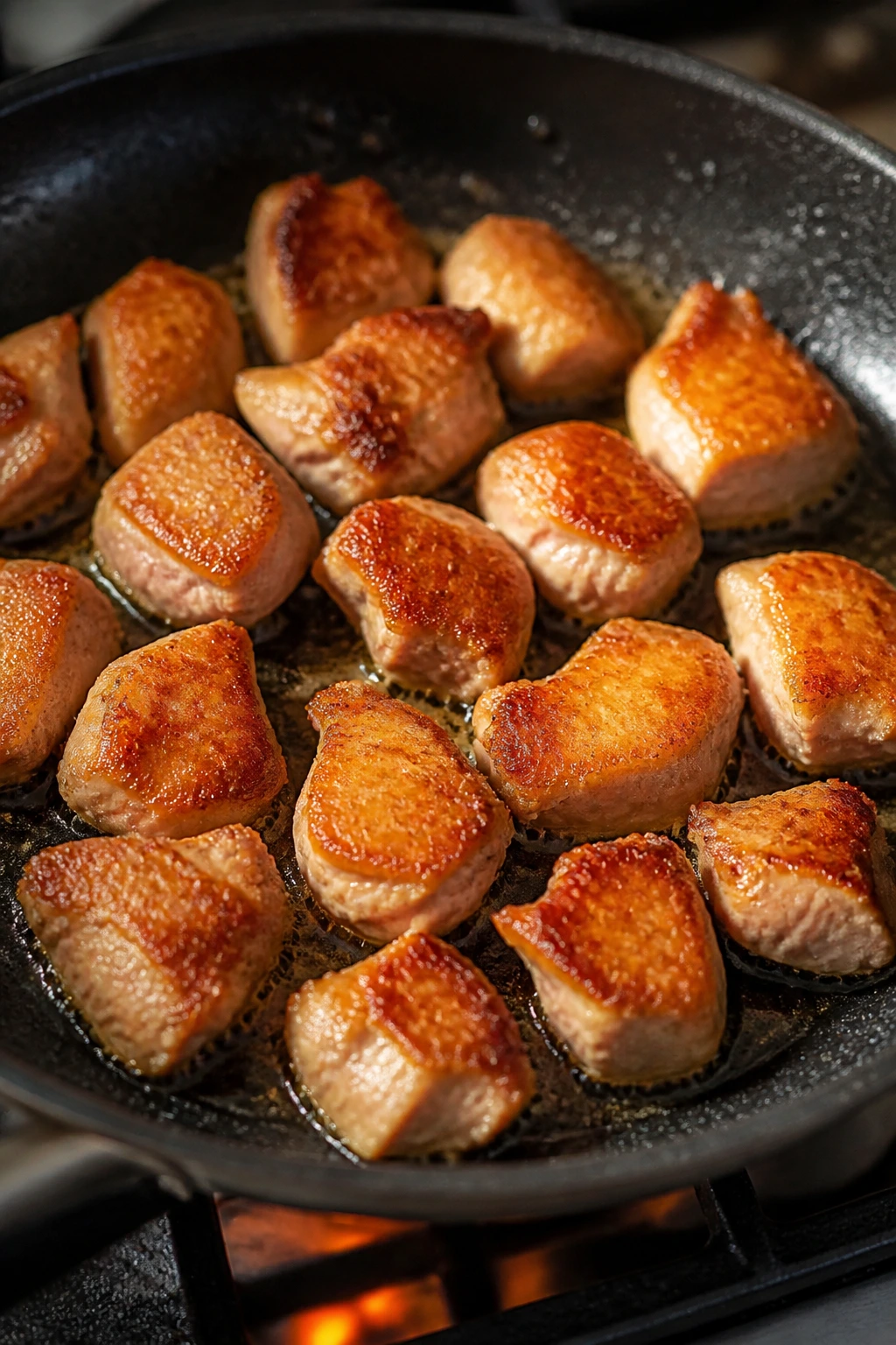 Browned chicken thighs searing in a pan