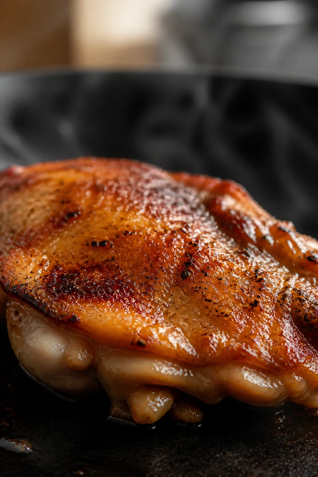 Juicy chicken thigh close-up, golden-brown sear, ready for quick stir-fry