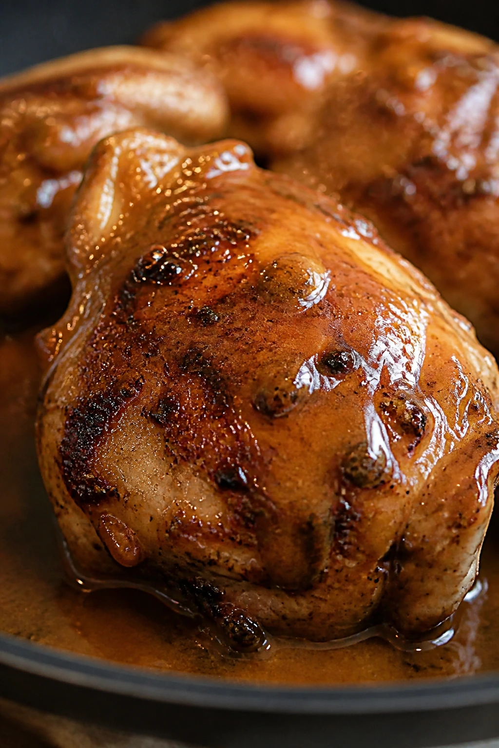 Juicy browned chicken thigh with glossy peanut sauce