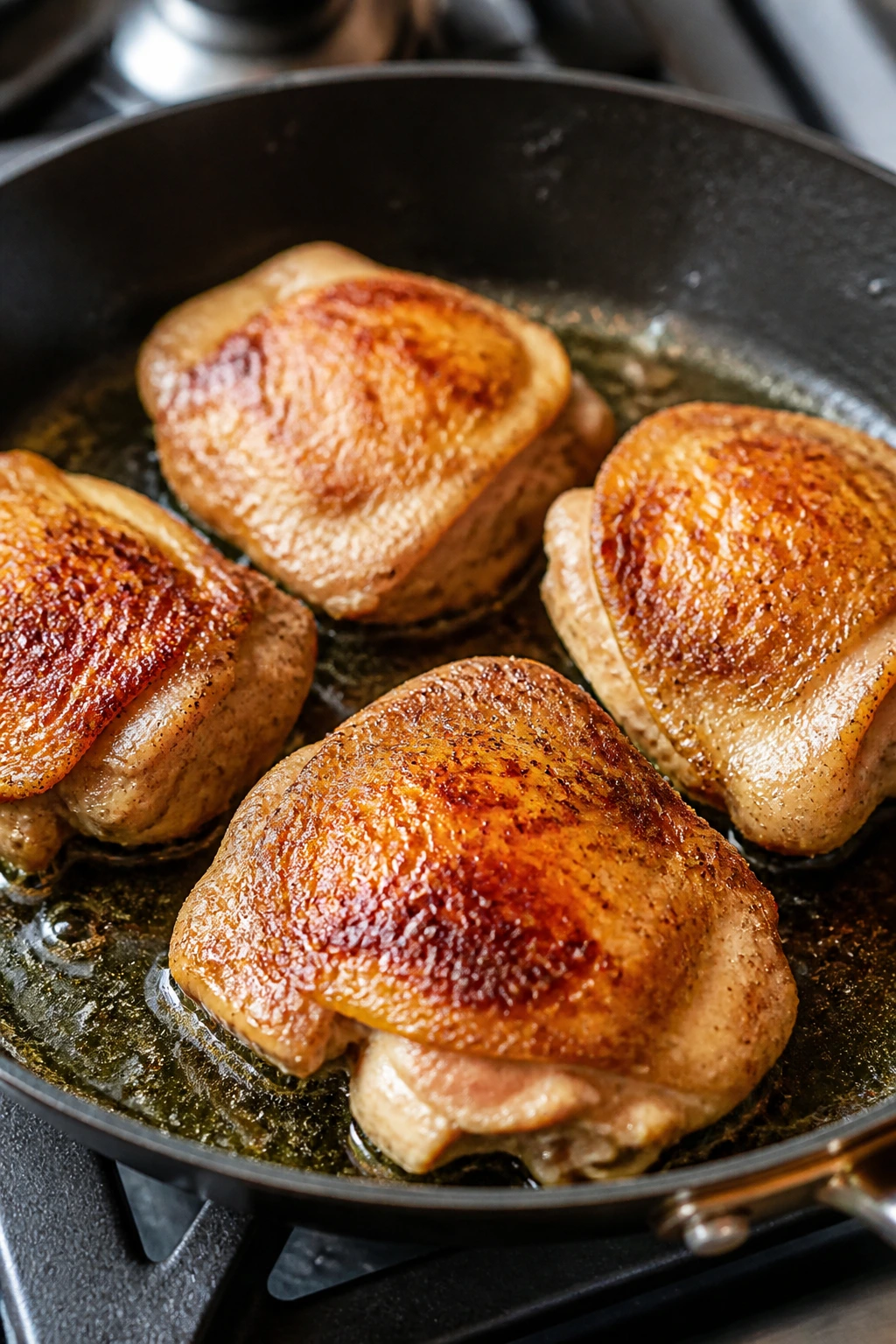 Close-up of golden-brown chicken thighs searing in a skillet in a warm kitchen