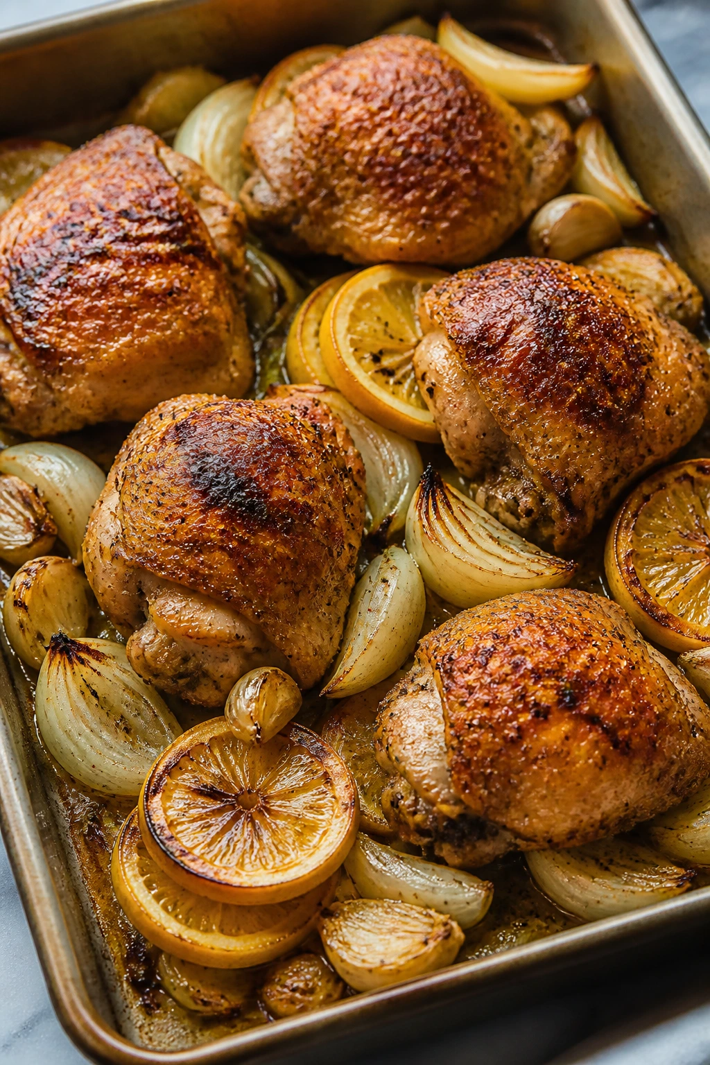 Close-up of bone-in chicken thighs on a pan with lemon and onions, showing crisp edges