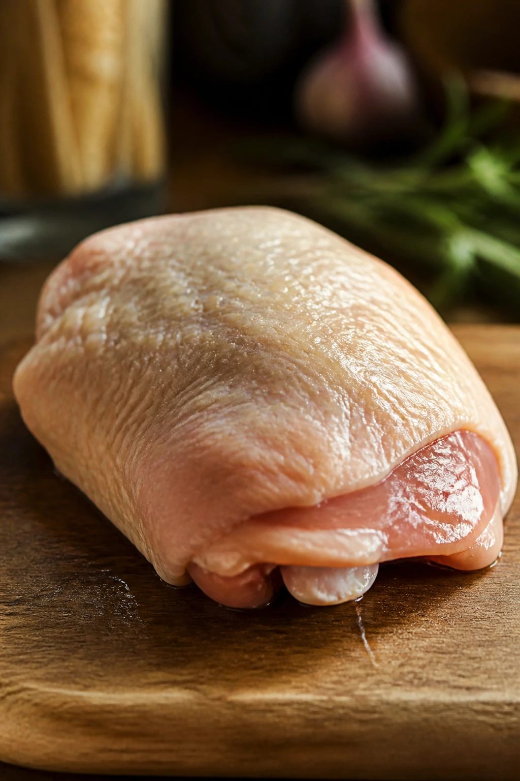 Bone-in chicken thigh on cutting board.