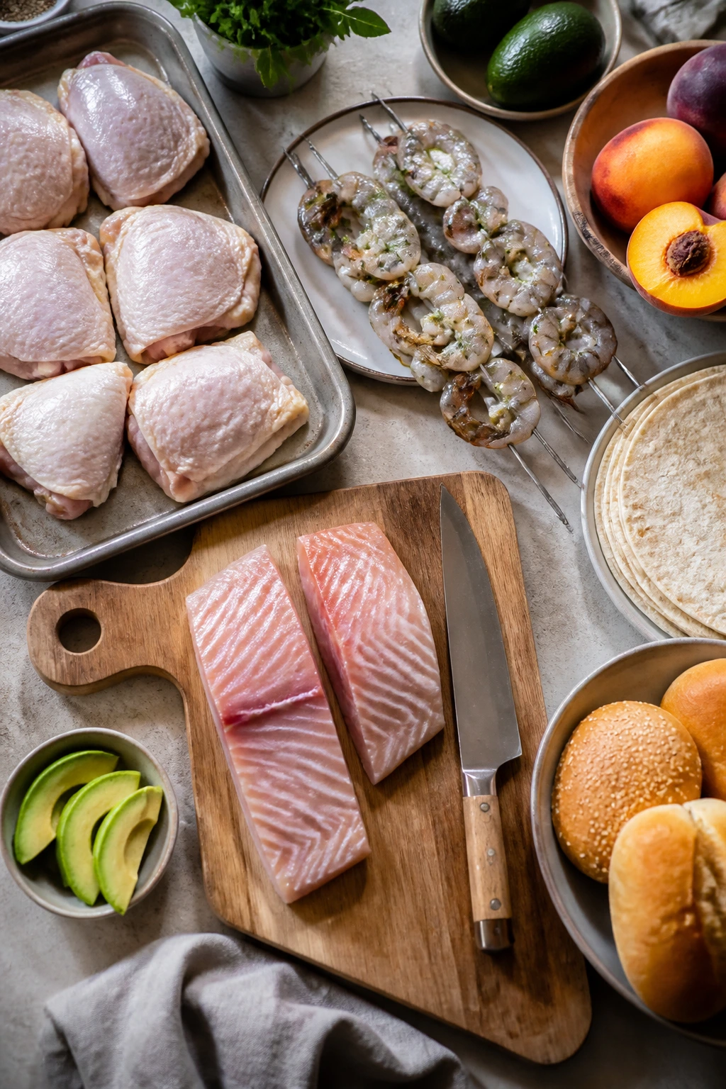 Top-down view of grilling ingredients arranged on a counter