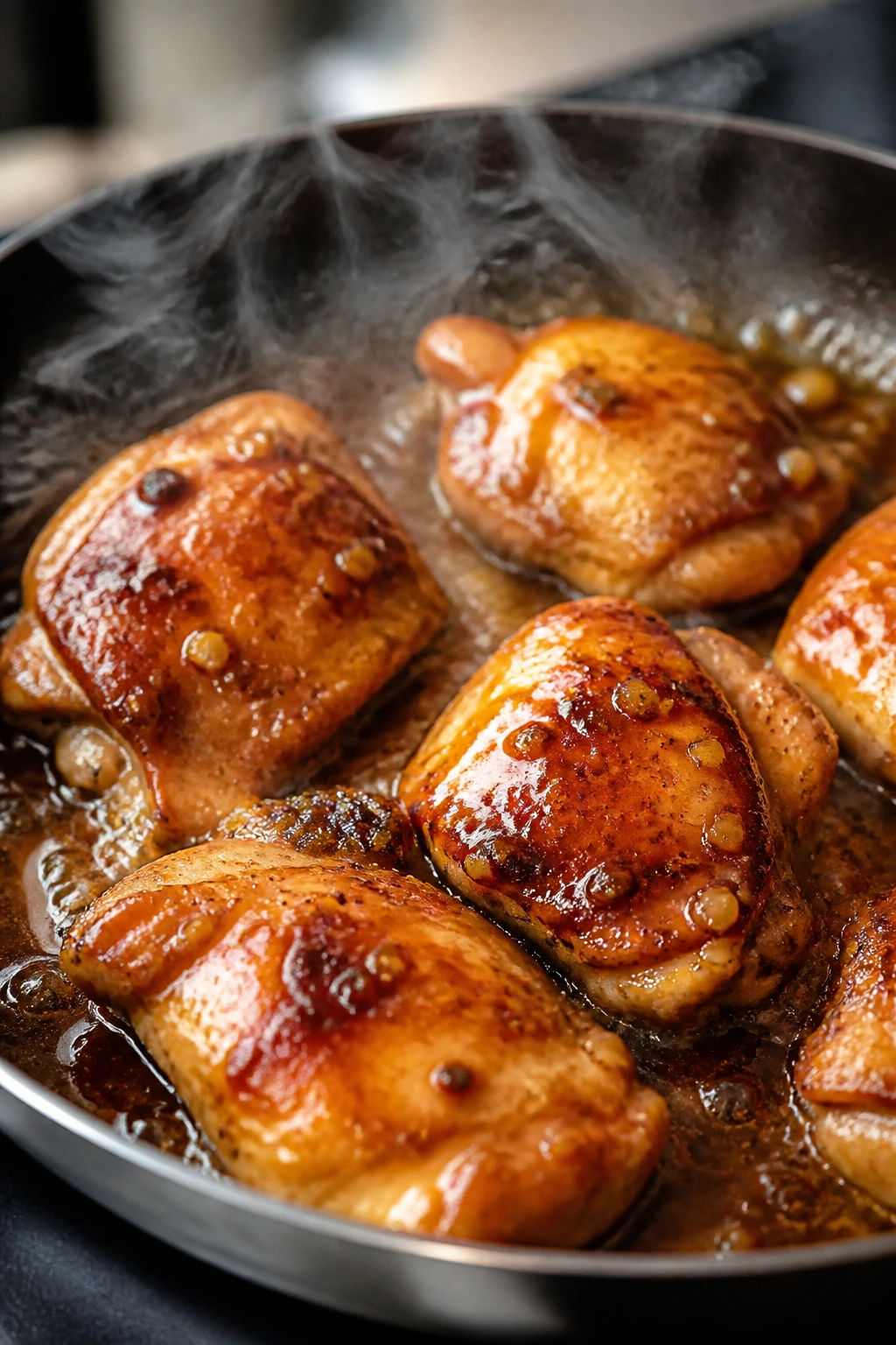 Close-up of browned chicken thighs searing in skillet with glaze
