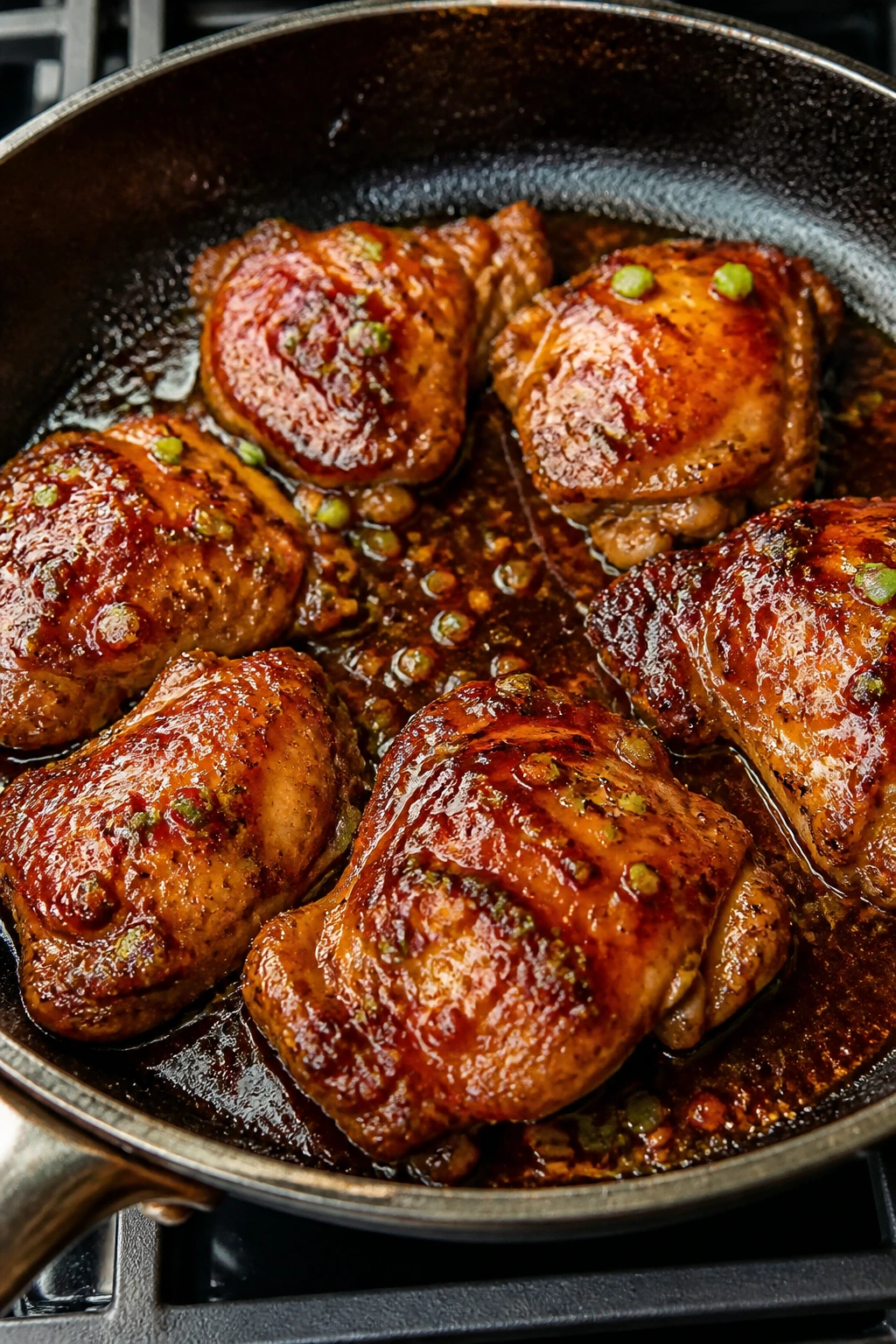 Skillet teriyaki chicken thighs with shiny glaze in a warm kitchen