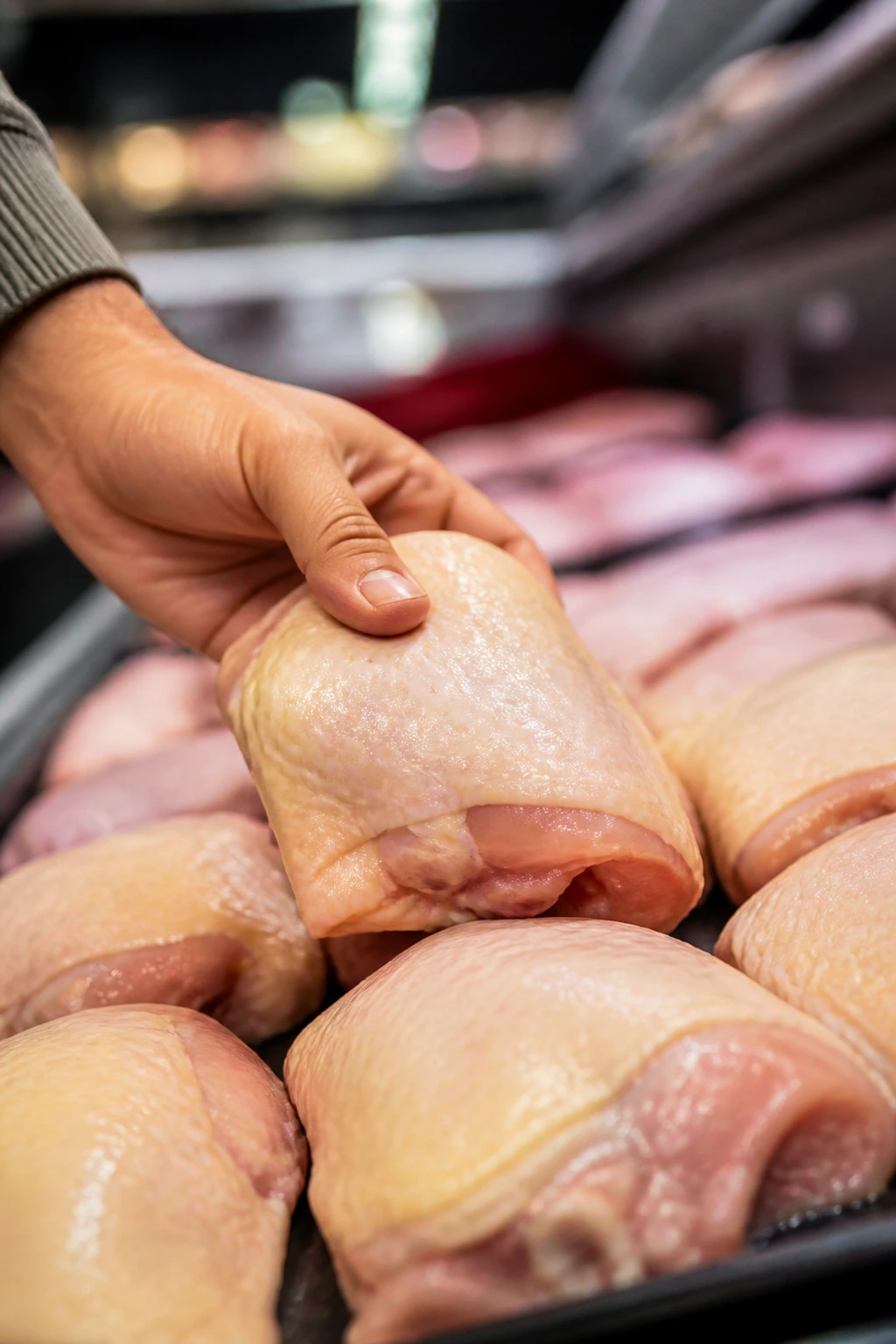 Hand selecting skin-on chicken thighs at a grocery meat counter