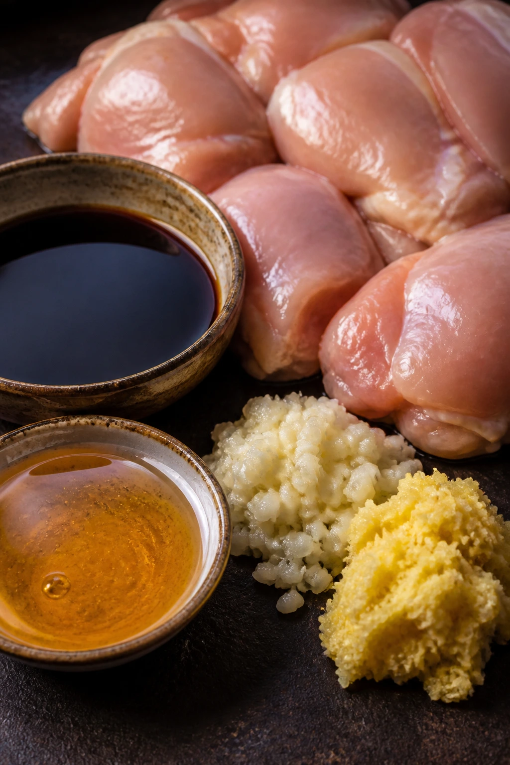 Chicken thighs with soy, honey, garlic, and ginger arranged for recipe