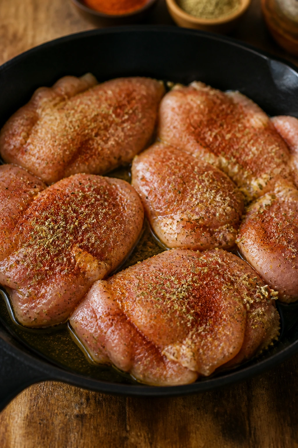 Seasoned chicken thighs in skillet with visible paprika and oregano