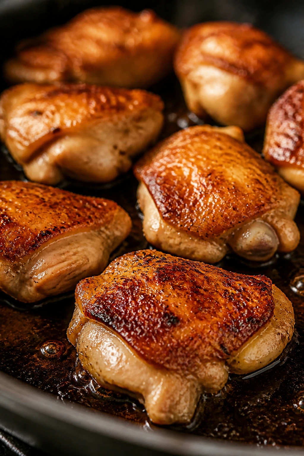 Close-up of browned chicken thighs in a skillet