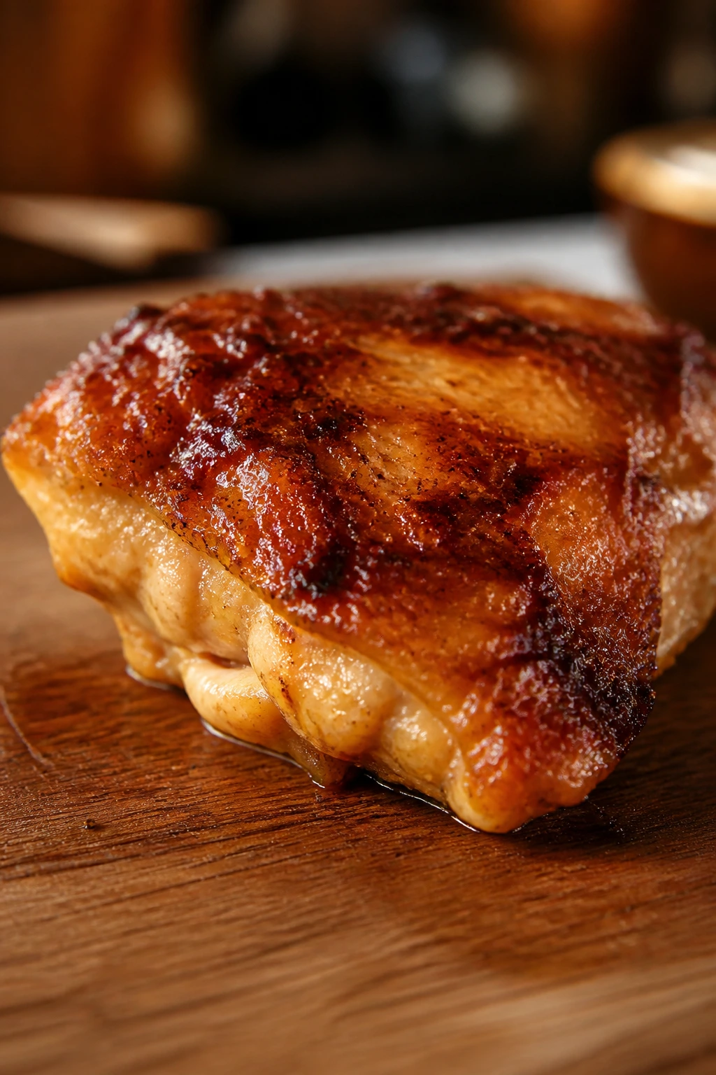 Close-up of a juicy chicken thigh on a cutting board