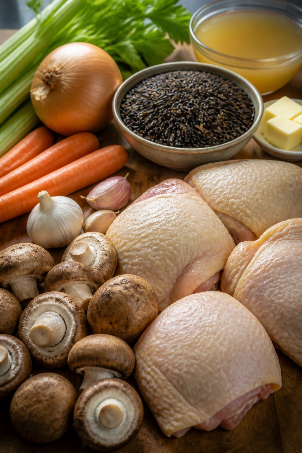 Raw ingredients for Roasted Chicken and Wild Rice laid out on a cutting board