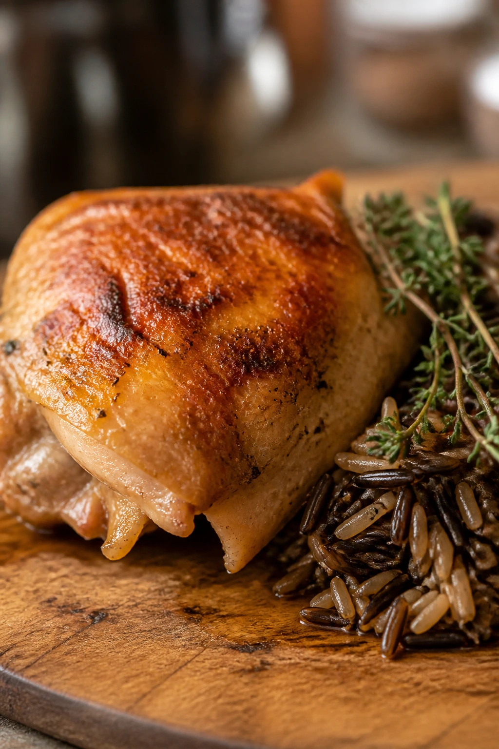 Bone-in chicken thigh with wild rice and herbs showing why each piece belongs