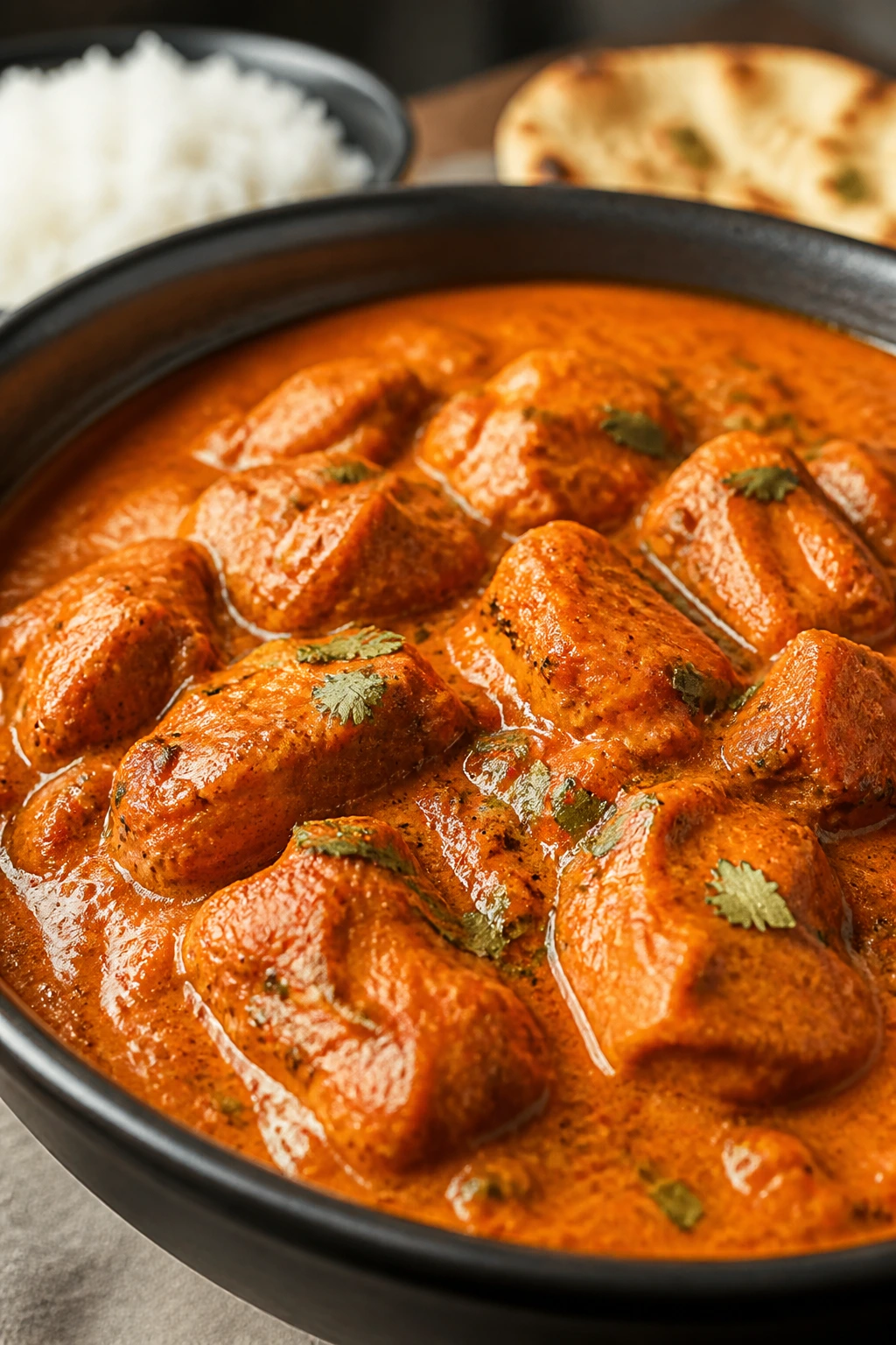 Creamy orange chicken tikka masala in a bowl on a wooden table
